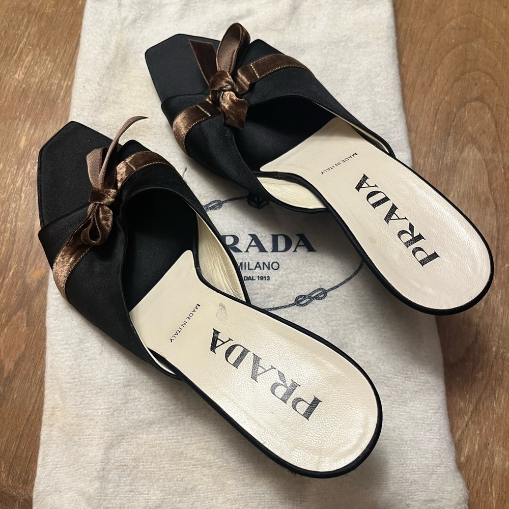 Prada Black Satin Mules with Brown Accent